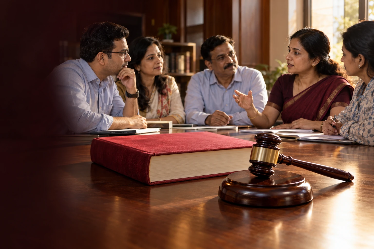 संविधान की किताब और गवेल के साथ संवाद करते कर्मचारियों का AI-निर्मित प्रतीकात्मक दृश्य